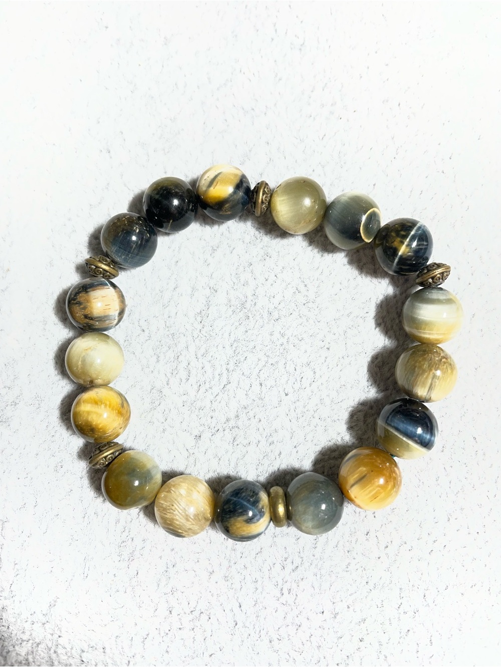 Amazing Natural Tiger Eye Beaded Chunky Stretch Bracelet Yellow Grey Sz 6.5